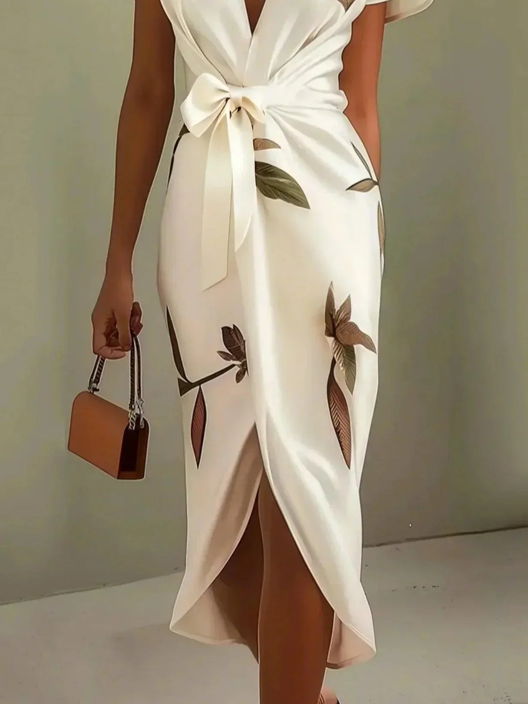 Petronilla™ - White Leaf Short Sleeve Satin Midi Dress