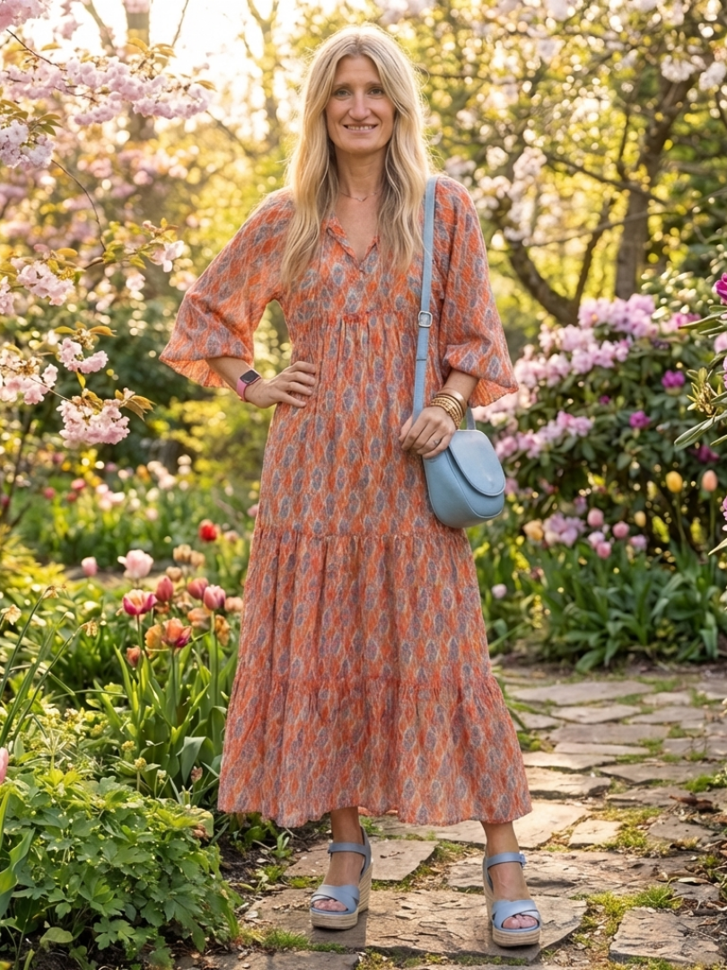 DELIA - Geometric V-Neck Tiered Midi Dress