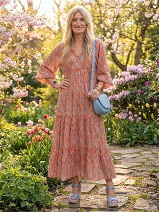 DELIA - Geometric V-Neck Tiered Midi Dress