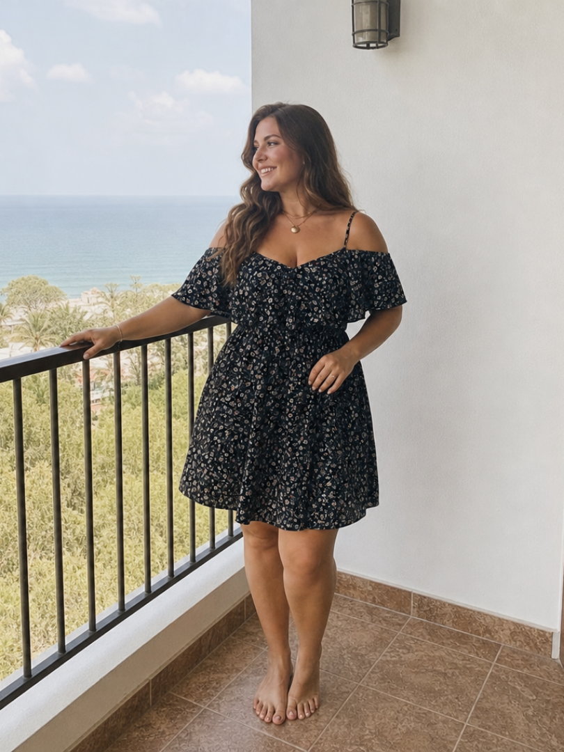 Iolanthe™ - Cold Shoulder Ruffle Overlay Knee Length Dress
