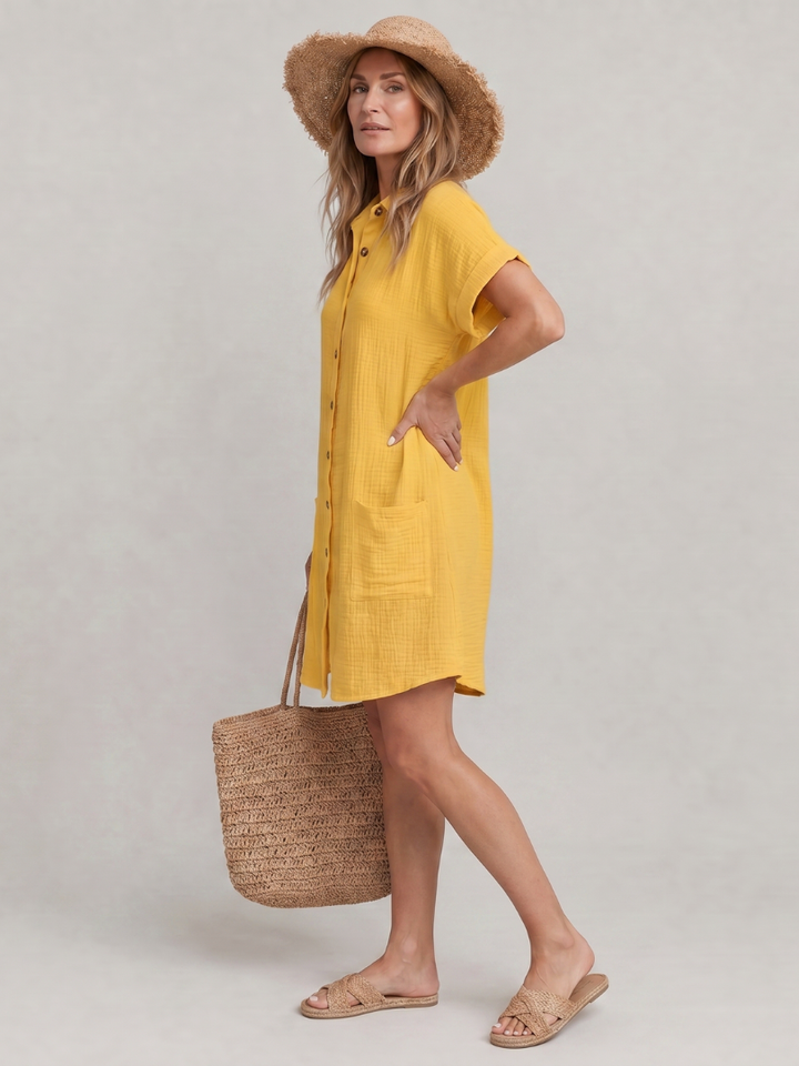 Emmeline™ - Short Sleeve Front Pockets Knee Length Dress