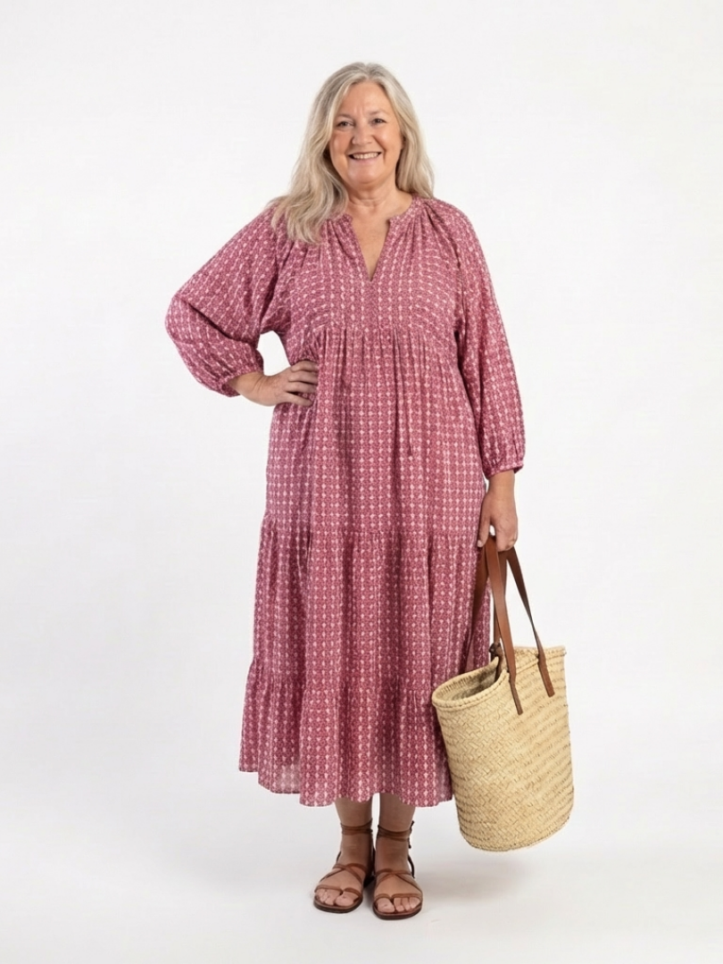DOMINIQUE - Geometric Long-Sleeve Midi Dress