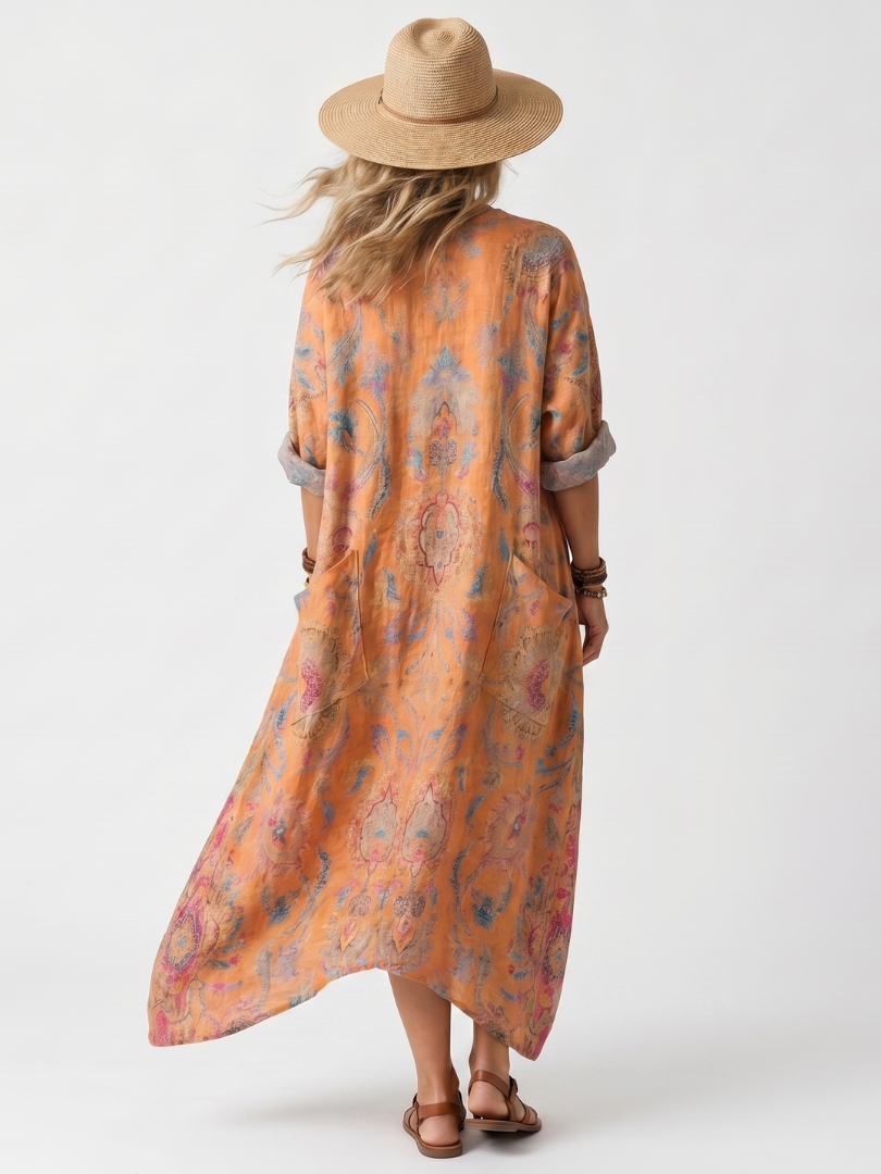 PAULINE - Notch Neck Printed Pocket Midi Dress