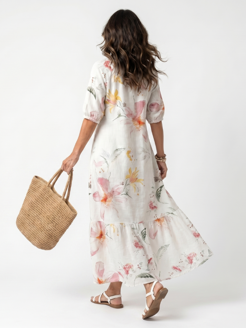 LOUISON - Soft Floral Tiered Tassel Midi Dress