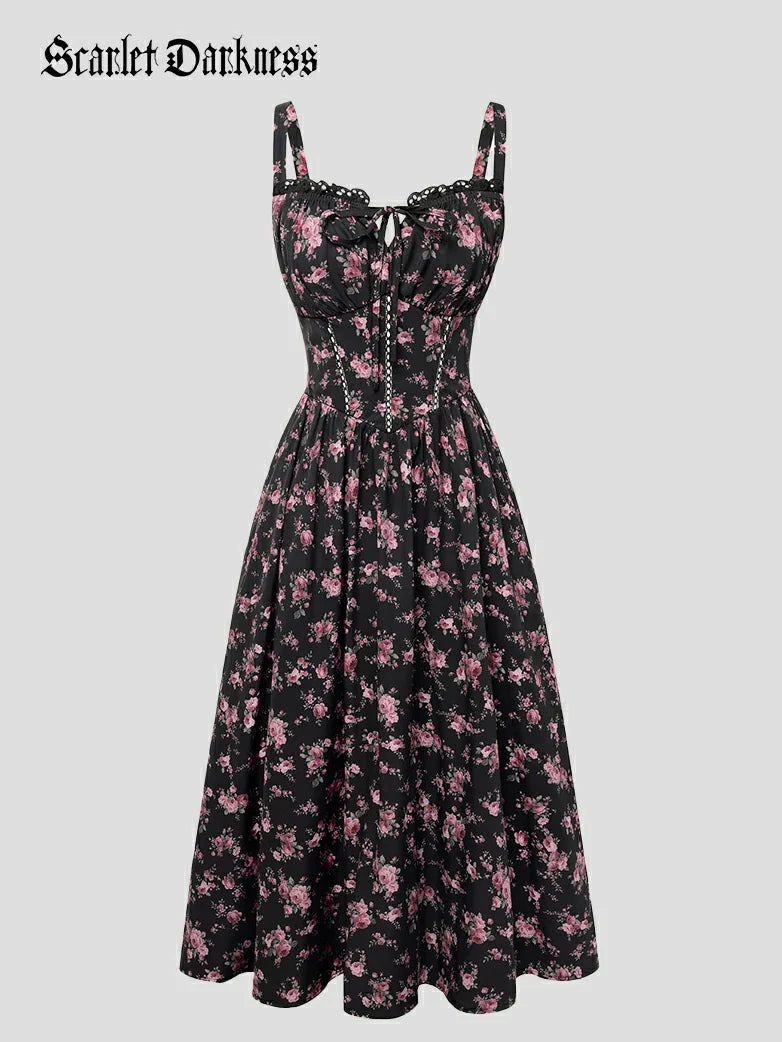 Spring Victorian Floral Pockets Milkmaid Corset Dress