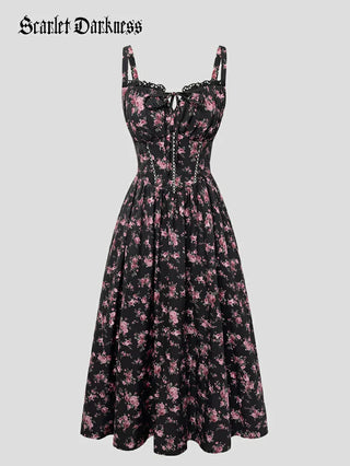 Spring Victorian Floral Pockets Milkmaid Corset Dress