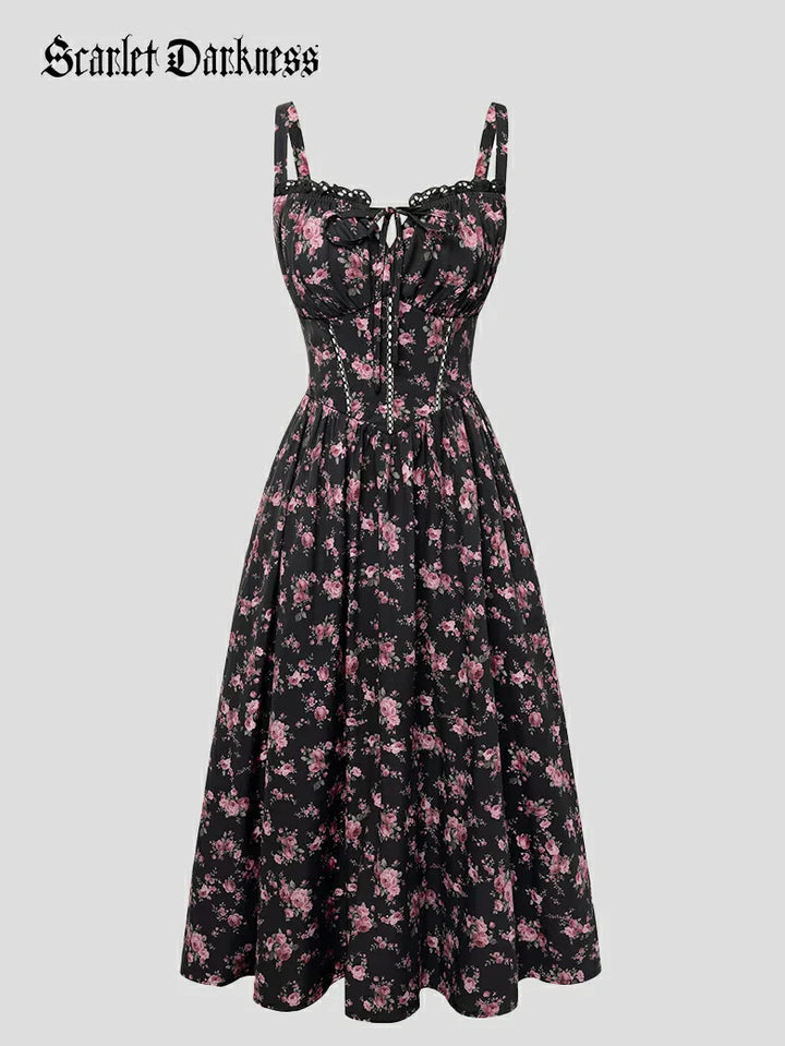 Spring Victorian Floral Pockets Milkmaid Corset Dress