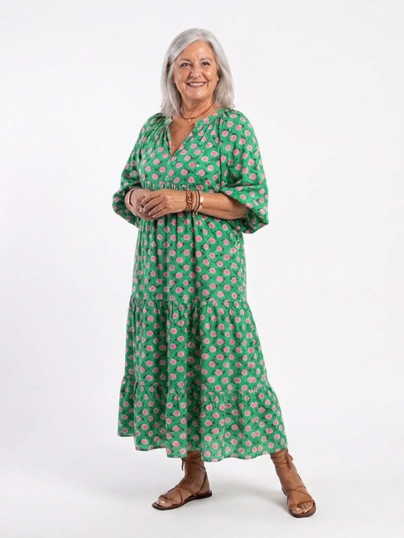 BERTILLE - Floral V-Neck Tiered Midi Dress