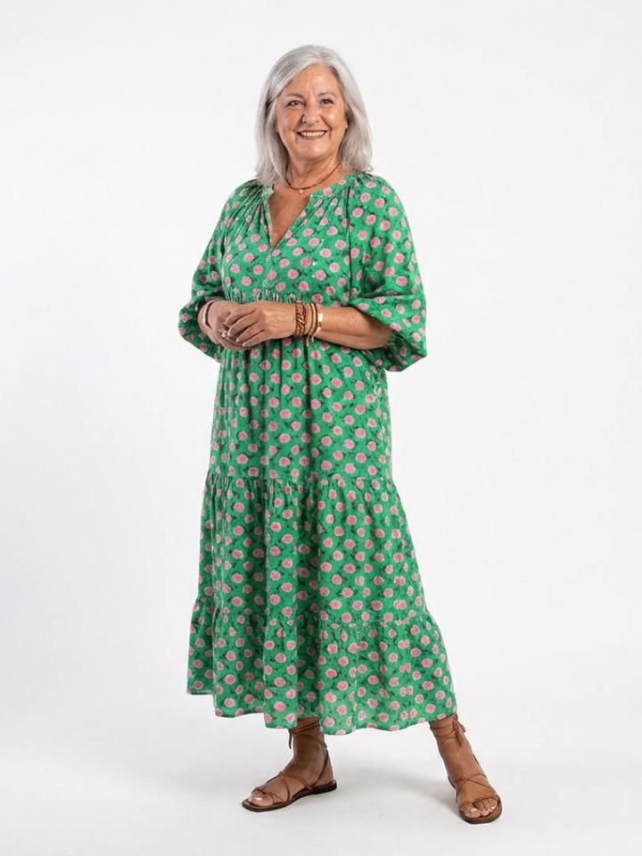 BERTILLE - Floral V-Neck Tiered Midi Dress