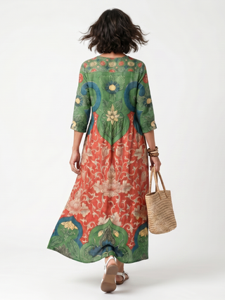 XAVIERE - Mixed Print V-Neck Pocket Midi Dress