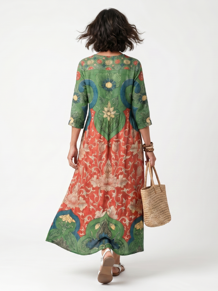 XAVIERE - Mixed Print V-Neck Pocket Midi Dress
