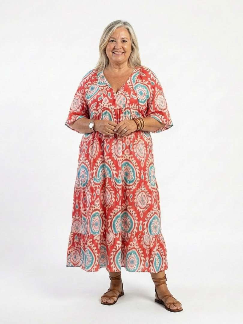 EDMEE - Paisley V-Neck Short-Sleeve Midi Dress