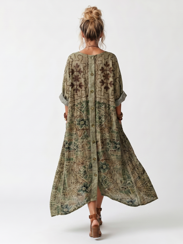 URSULE - Button-Front Embroidered Midi Dress