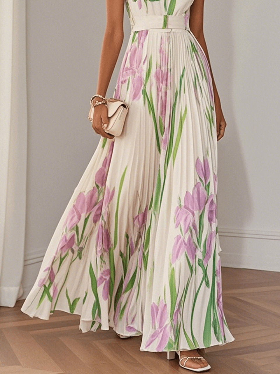 Zephyrine™ - White Pleated Floral Chiffon Maxi Dress