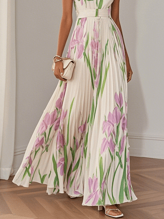Zephyrine™ - White Pleated Floral Chiffon Maxi Dress