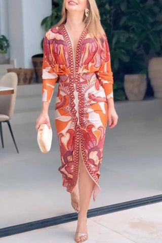 Yolanda™ - Sun Escape Unique Print Dolman Midi Dress
