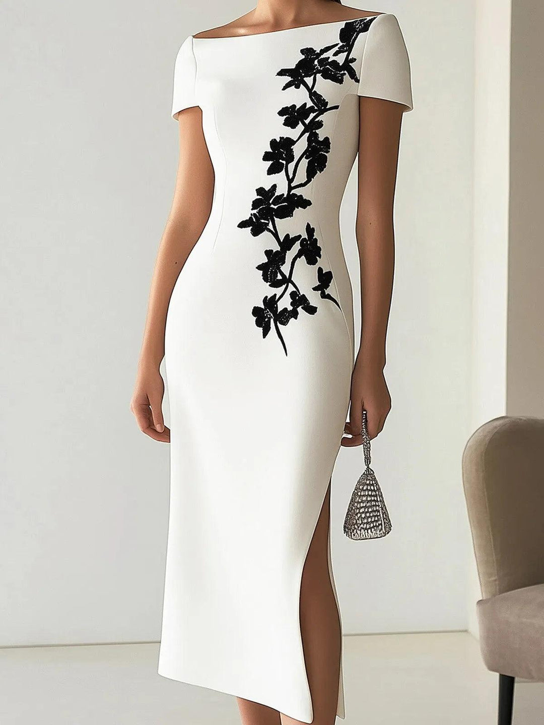 Melusine™ - Chic Floral Print Boat Neck Midi Dress Outfit