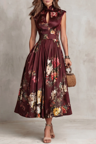 Black Keyhole Collar Floral Pleated Satin Midi Dress