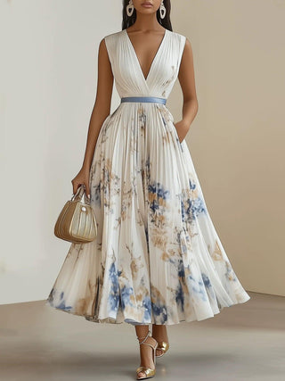 Loveday™ - White Floral Chiffon V-Neck Pleated Midi Dress