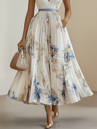 Loveday™ - White Floral Chiffon V-Neck Pleated Midi Dress