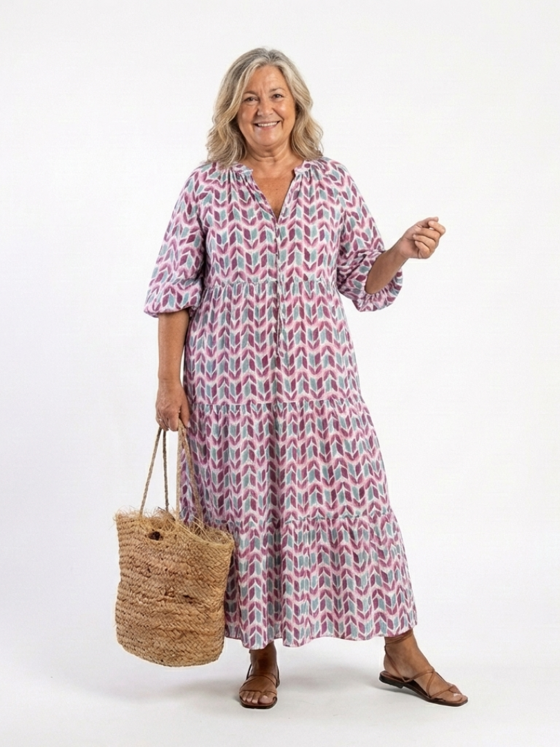 JACINTHE - Geometric Long-Sleeve Tiered Midi Dress