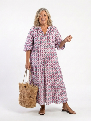 JACINTHE - Geometric Long-Sleeve Tiered Midi Dress