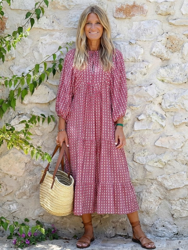 DOMINIQUE - Geometric Long-Sleeve Midi Dress