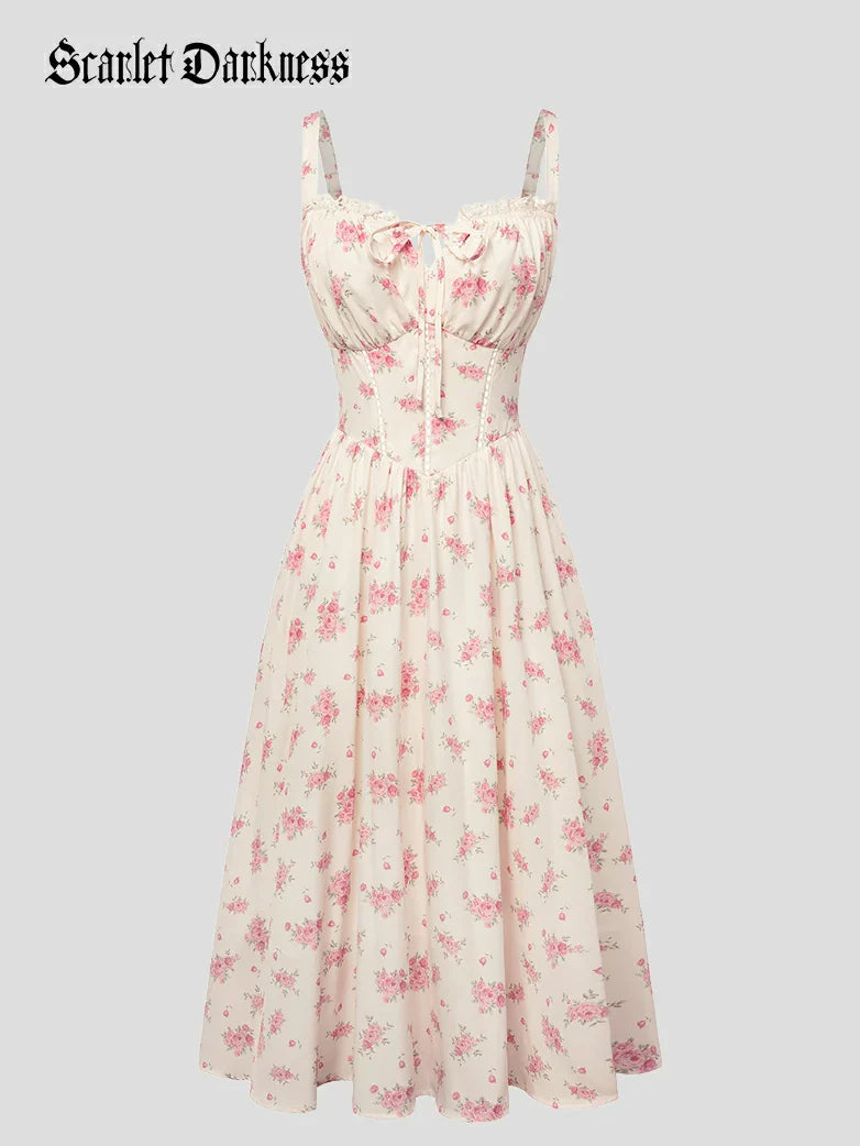Spring Victorian Floral Pockets Milkmaid Corset Dress