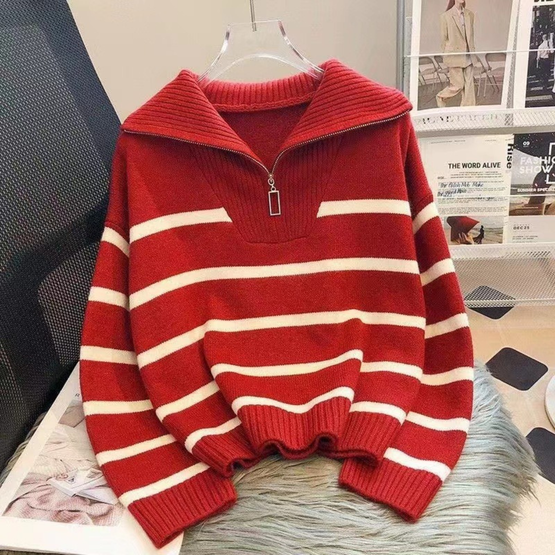 NEVAEH™ - Chic Striped Long Sleeve Collared Top