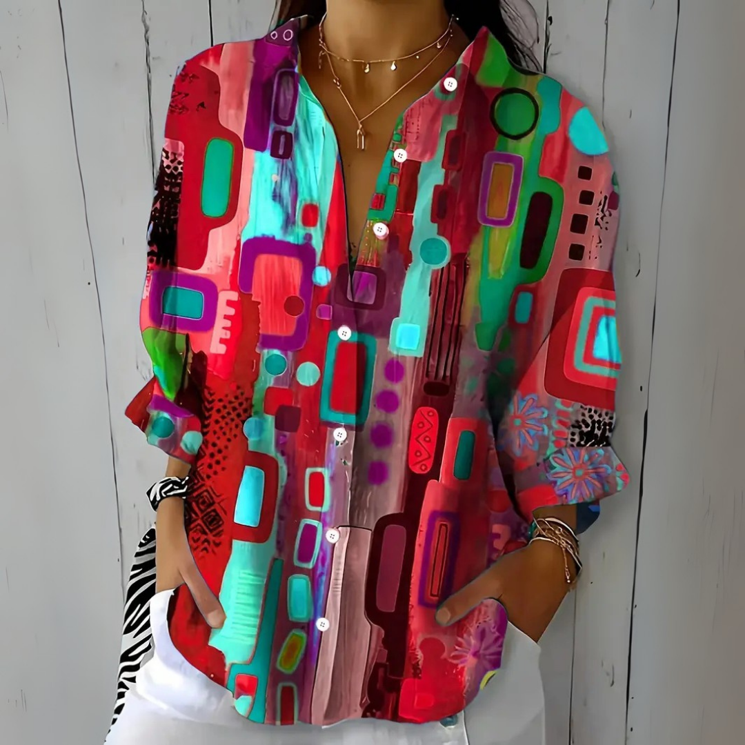 Delphine - Vibrant Artistic Button-Up Blouse