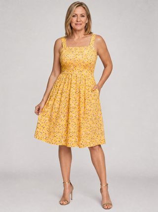 Guinevere™ - Square Neck Floral Print Knee Length Dress