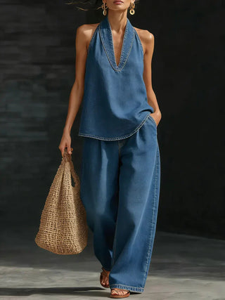 FEDERICA - Long Fluid Suit with V-Neck