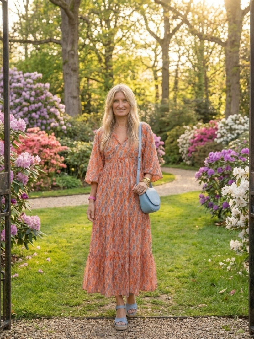 DELIA - Geometric V-Neck Tiered Midi Dress