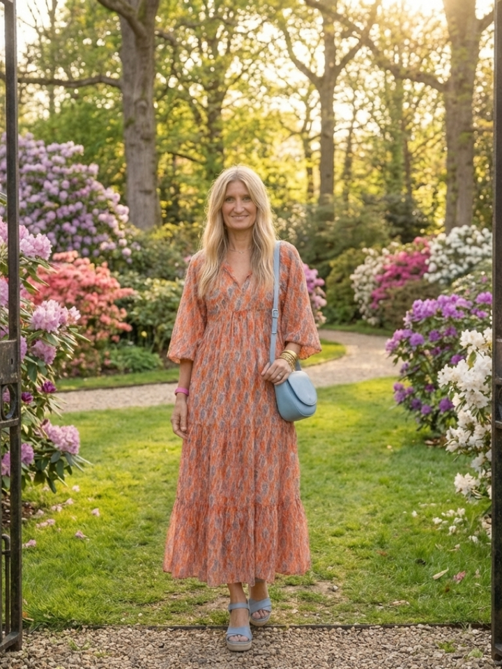 DELIA - Geometric V-Neck Tiered Midi Dress