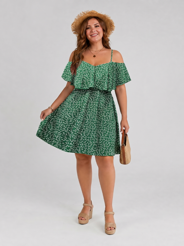 Iolanthe™ - Cold Shoulder Ruffle Overlay Knee Length Dress