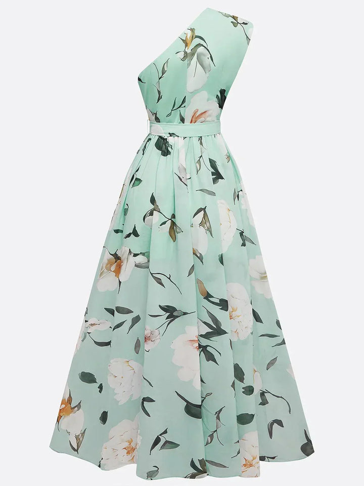 Magnolia™ - Light Green Floral Chiffon One-Shoulder Maxi Dress