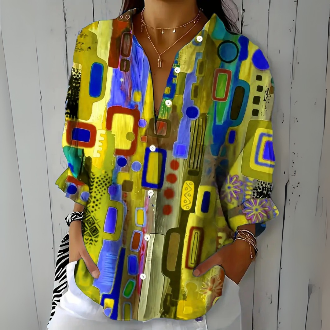Delphine - Vibrant Artistic Button-Up Blouse