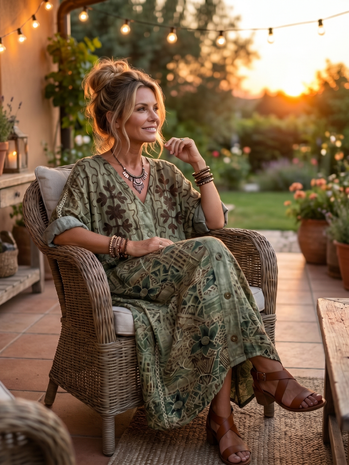 URSULE - Button-Front Embroidered Midi Dress