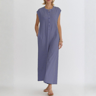 KETURAH™ - Casual Striped Cap Sleeve Wide Leg Jumpsuit