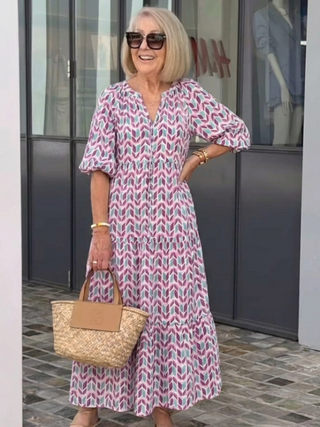 JACINTHE - Geometric Long-Sleeve Tiered Midi Dress