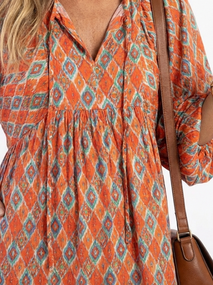 DELIA - Geometric V-Neck Tiered Midi Dress