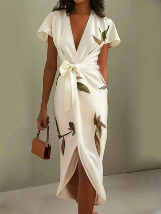 Petronilla™ - White Leaf Short Sleeve Satin Midi Dress
