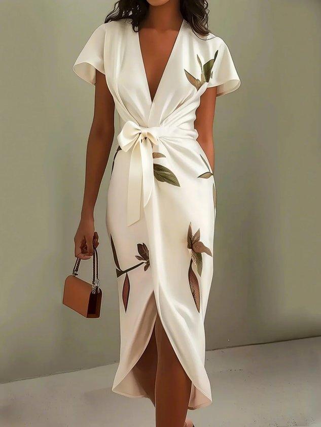 Petronilla™ - White Leaf Short Sleeve Satin Midi Dress