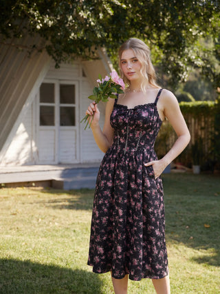 Spring Victorian Floral Pockets Milkmaid Corset Dress