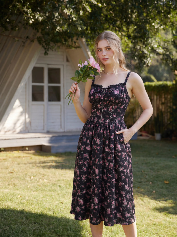 Spring Victorian Floral Pockets Milkmaid Corset Dress