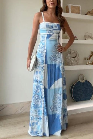Wilhelmine™ - Ric Rac Strap Bow Back Printed Maxi Dress