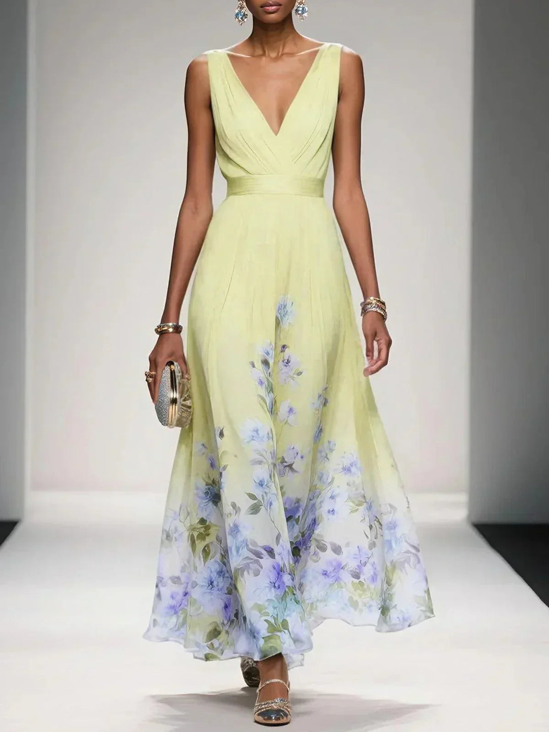 Sidonie™ - Light Blue Floral Chiffon V-Neck Maxi Dress