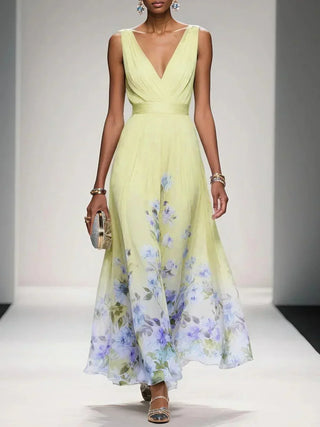 Sidonie™ - Light Blue Floral Chiffon V-Neck Maxi Dress