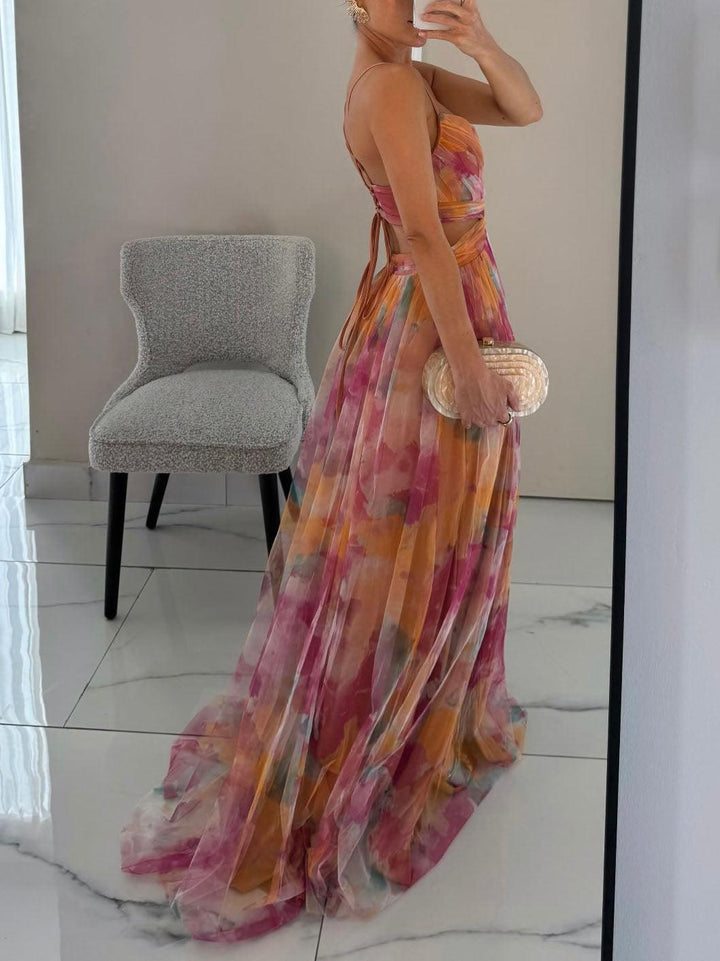 Ombeline™ - Painted Floral Print V-Neck Maxi Dress