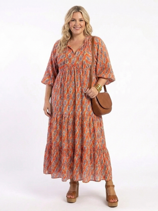DELIA - Geometric V-Neck Tiered Midi Dress